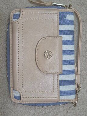 Spartina 449 Daufuskie Island Wristlet Clutch/Phone Linen Leather Cream/Blue